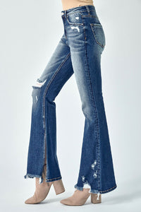 Risen Flare Distressed High Rise Slit Jeans