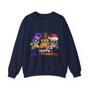 Happy HalloThanksMas Skulls Graphic Sweatshirt