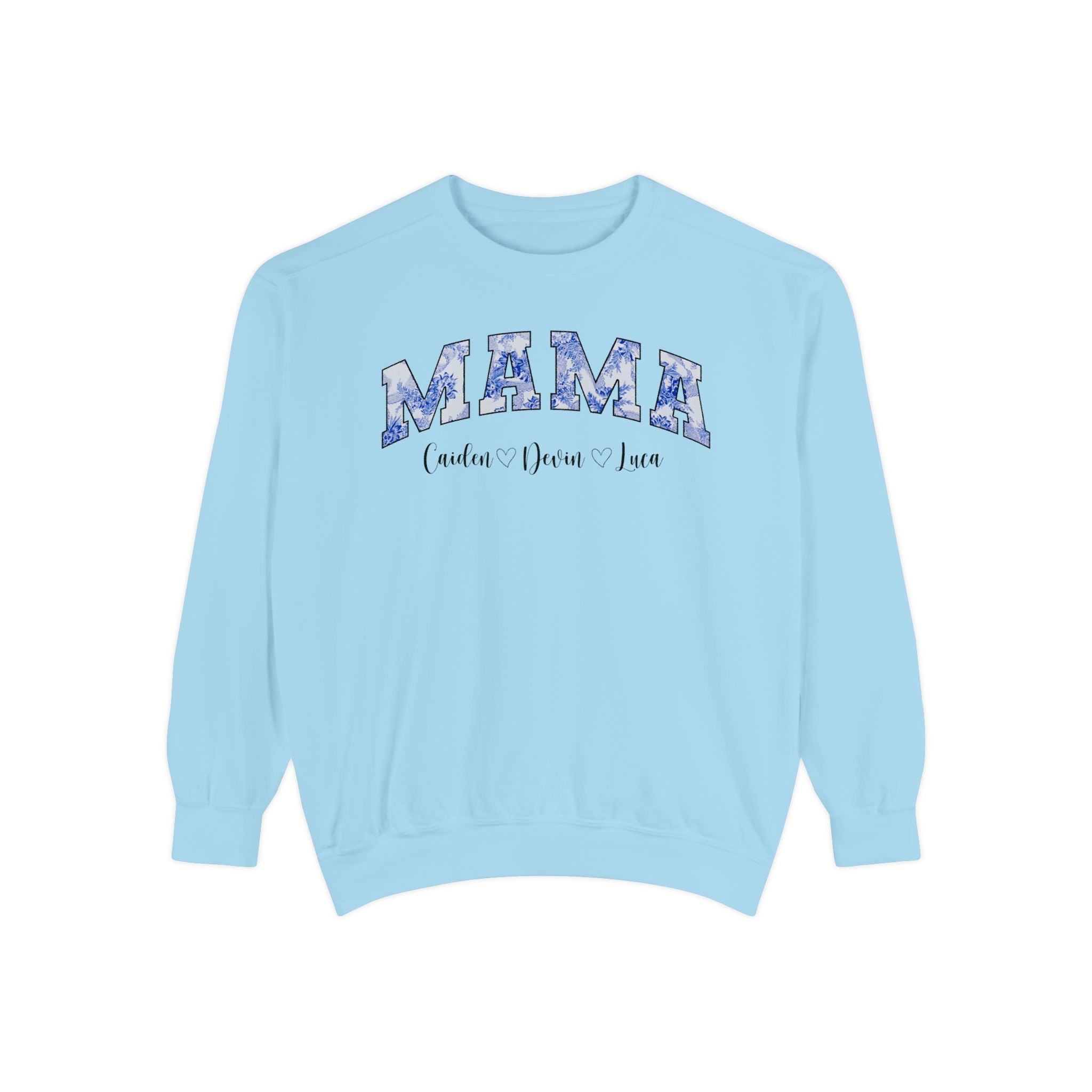 Custom Comfort Colors® “Mama” Blue Floral Sweatshirt With Names