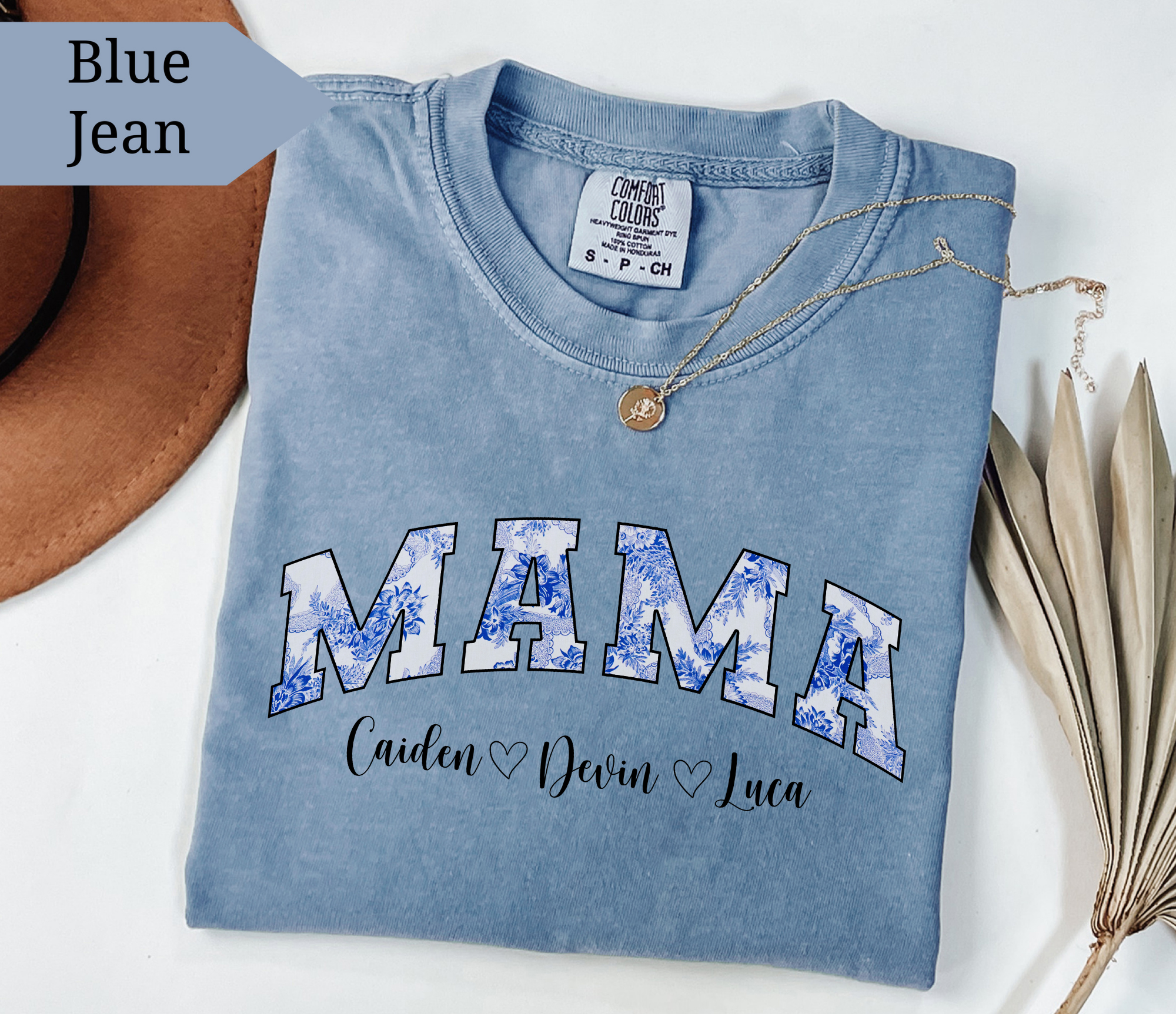 Custom Comfort Colors® “Mama” Blue Floral Sweatshirt With Names