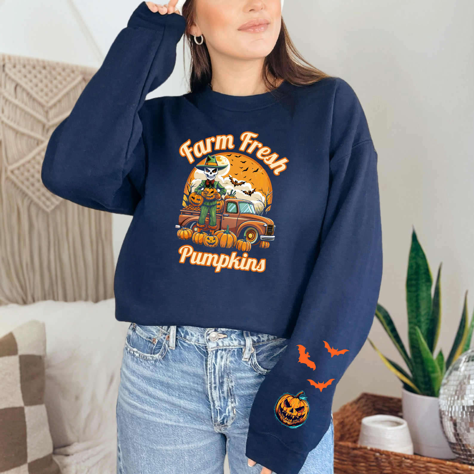 Ghoulish Farm Fresh Pumpkins Graphic Sweatshirt With Graphic Sleeves