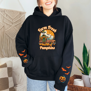 Ghoulish Farm Fresh Pumpkins Graphic Sweatshirt With Graphic Sleeves