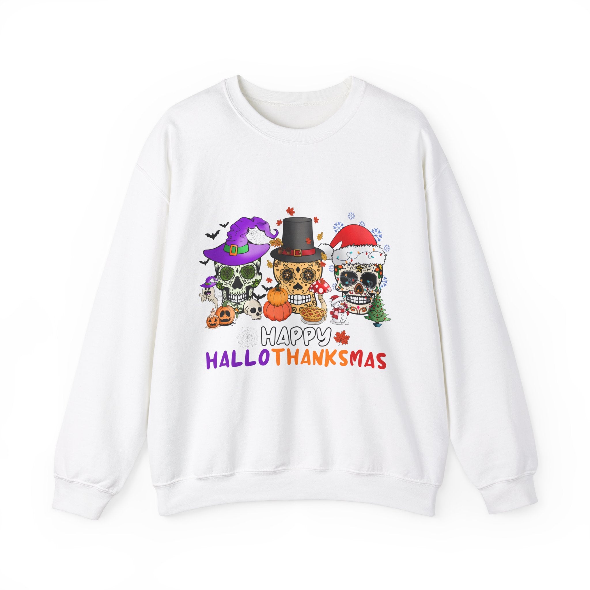 Happy HalloThanksMas Skulls Graphic Sweatshirt