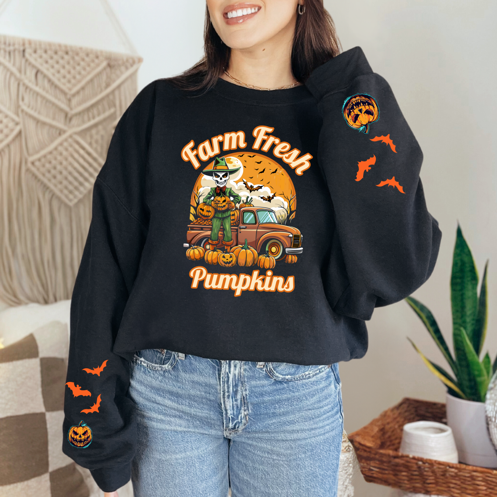 Ghoulish Farm Fresh Pumpkins Graphic Sweatshirt With Graphic Sleeves