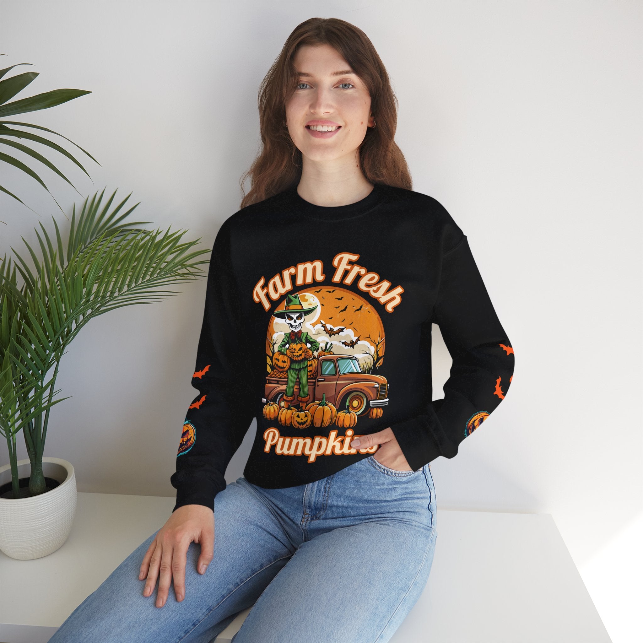 Ghoulish Farm Fresh Pumpkins Graphic Sweatshirt With Graphic Sleeves