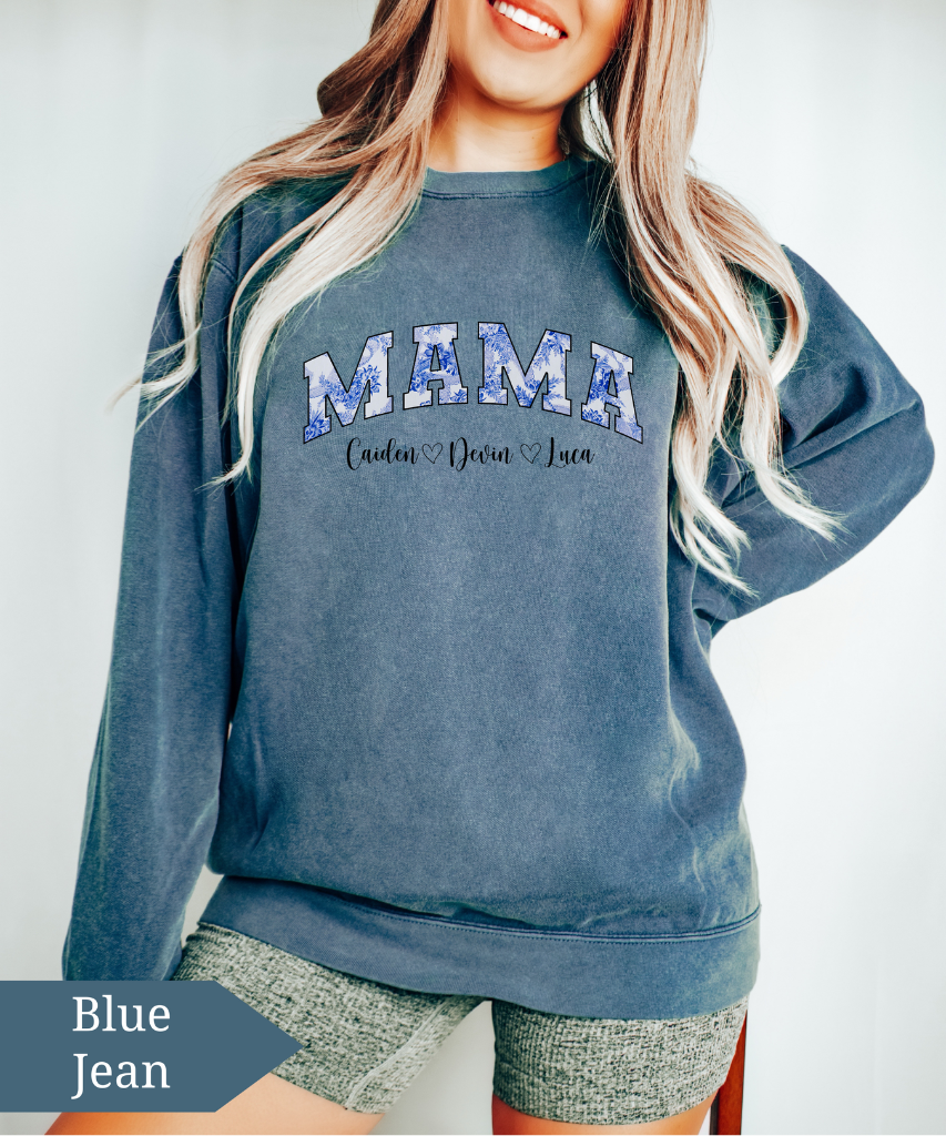Custom Comfort Colors® “Mama” Blue Floral Sweatshirt With Names