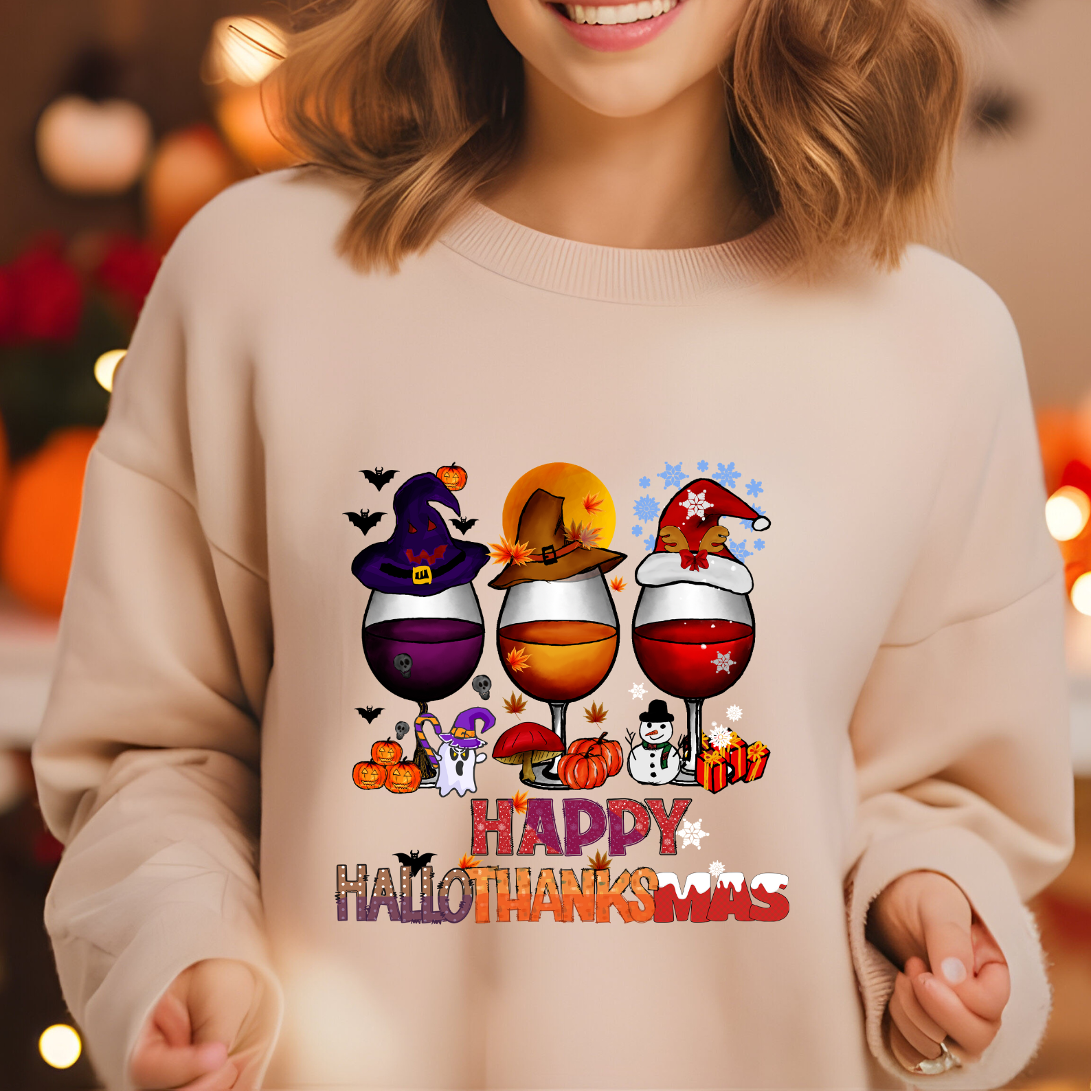 Happy HalloThanksMas Wine Graphic Sweatshirt