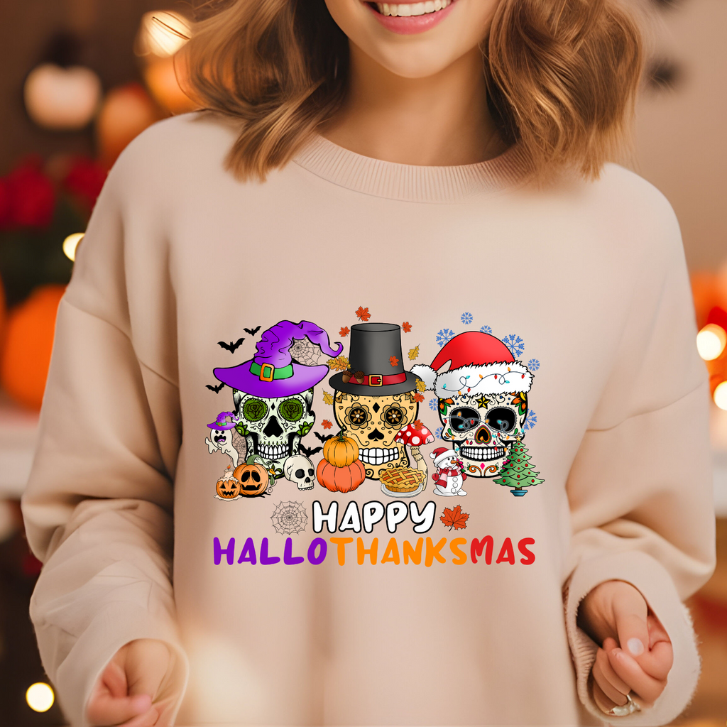 Happy HalloThanksMas Skulls Graphic Sweatshirt