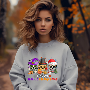 Happy HalloThanksMas Skulls Graphic Sweatshirt