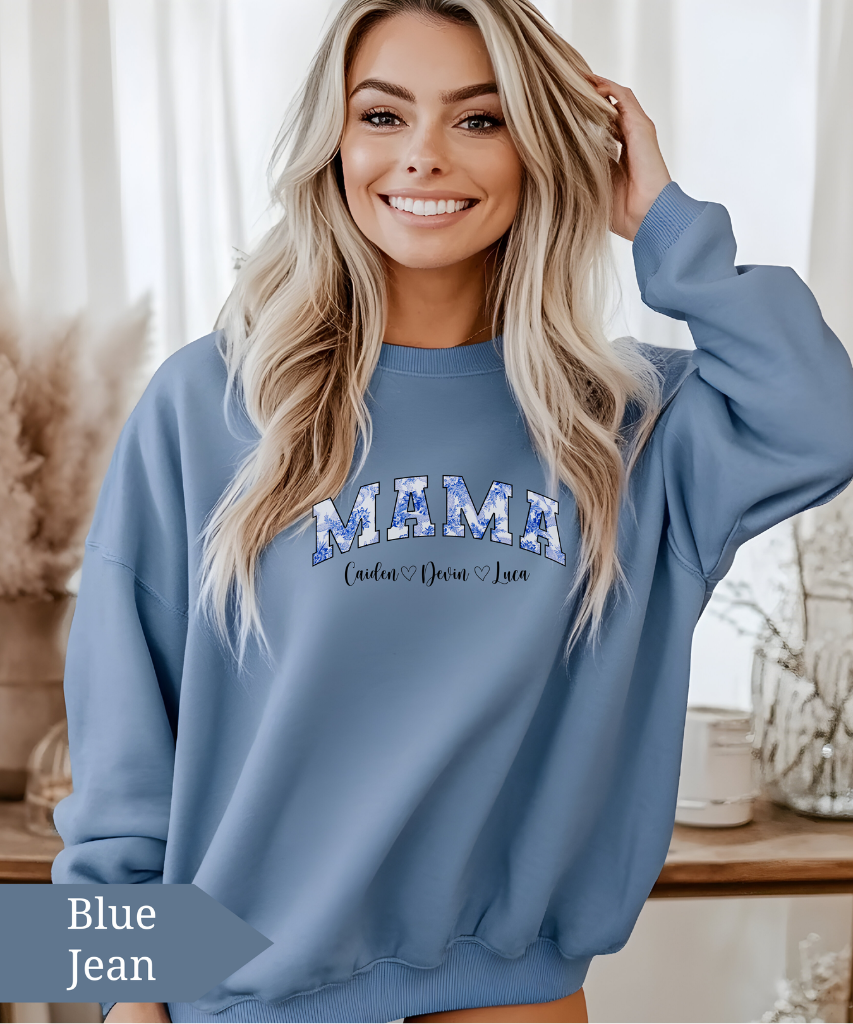 Custom Comfort Colors® “Mama” Blue Floral Sweatshirt With Names
