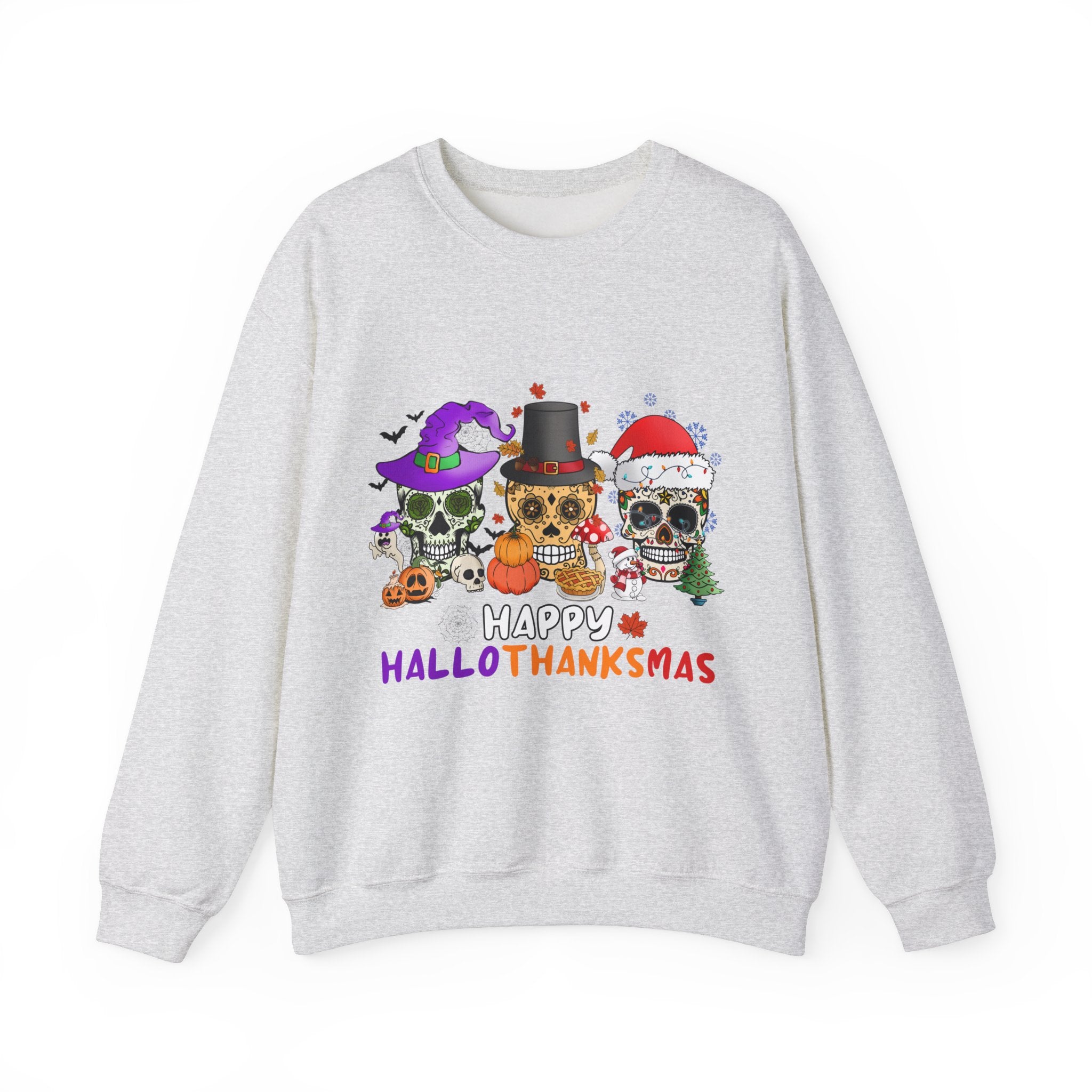 Happy HalloThanksMas Skulls Graphic Sweatshirt