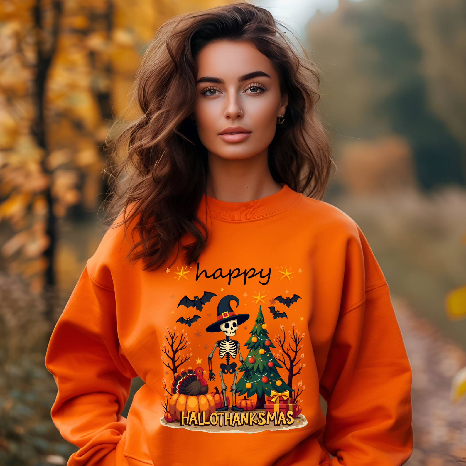 Happy HalloThanksMas Skeleton Graphic Sweatshirt