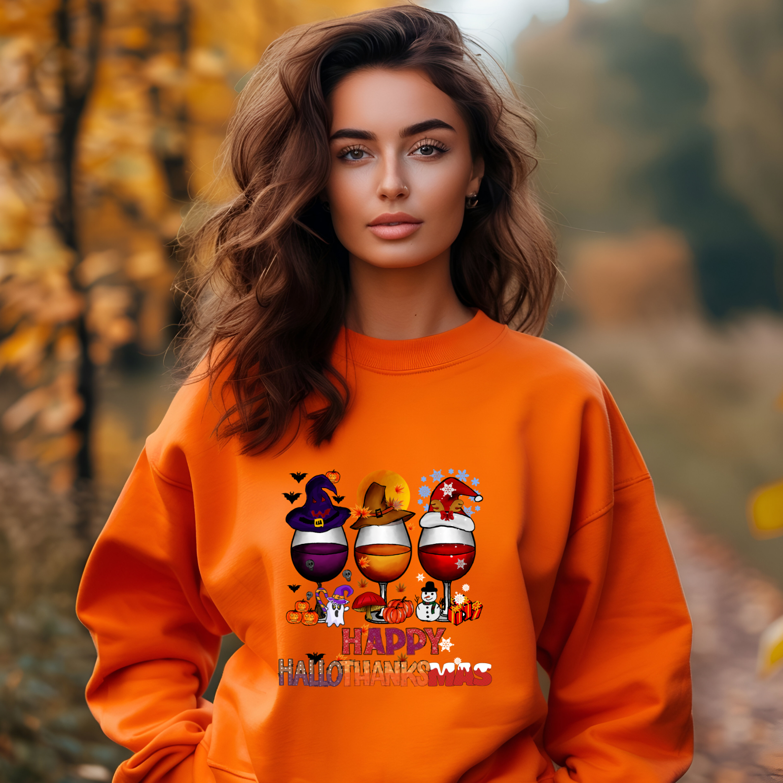 Happy HalloThanksMas Wine Graphic Sweatshirt