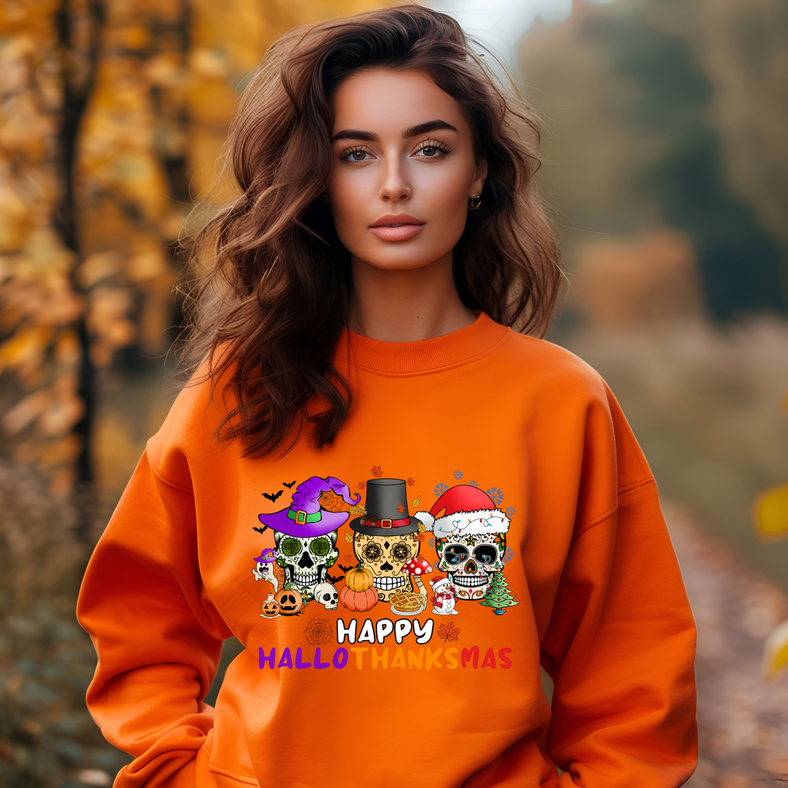 Happy HalloThanksMas Skulls Graphic Sweatshirt