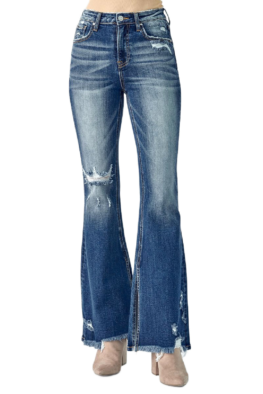 Risen Flare Distressed High Rise Slit Jeans