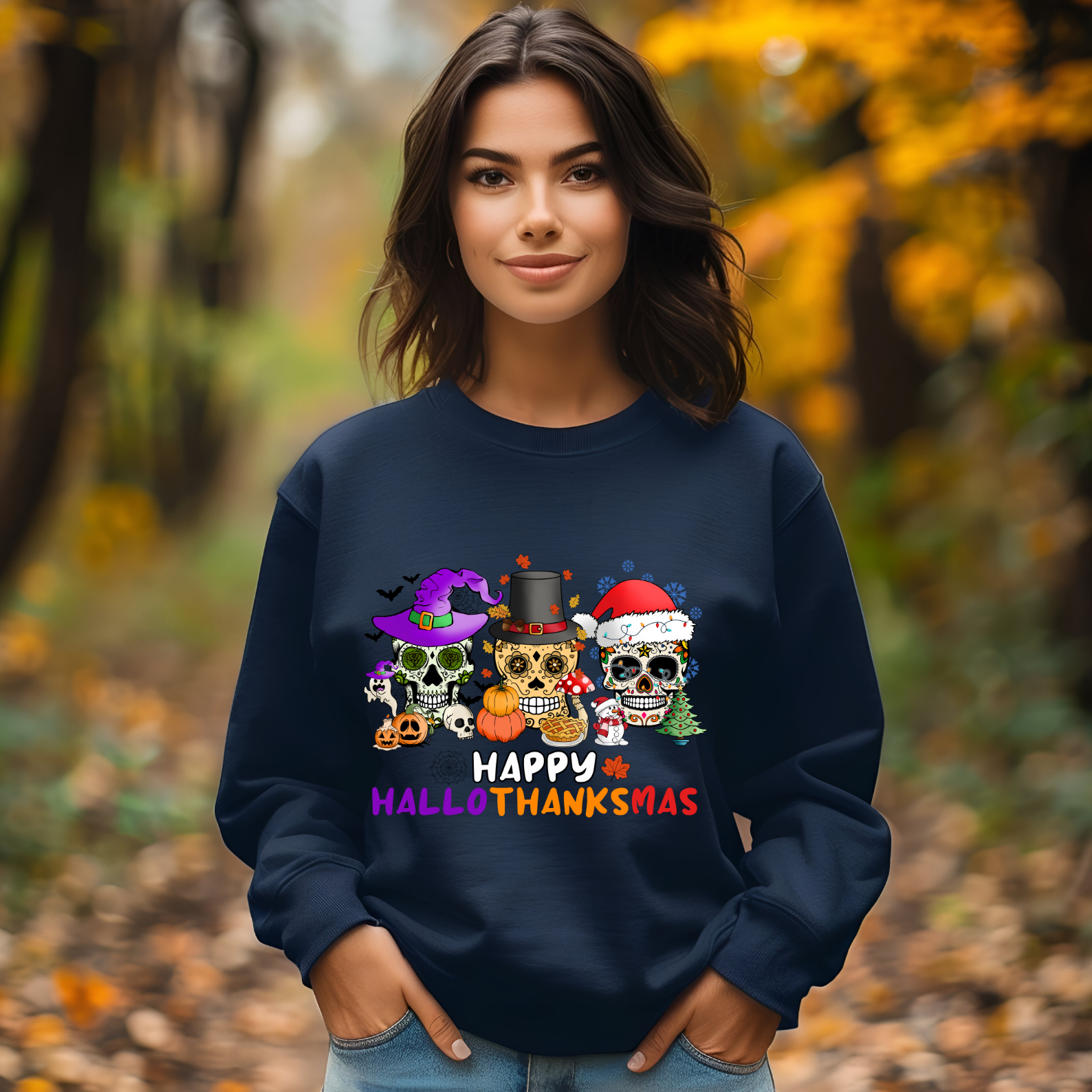 Happy HalloThanksMas Skulls Graphic Sweatshirt