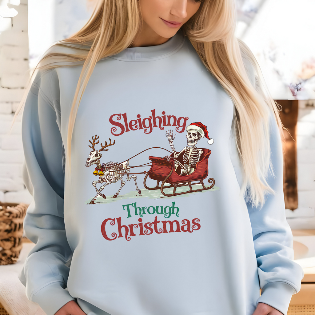 Sleighing Through Christmas Skeleton Comfort Colors Sweatshirt