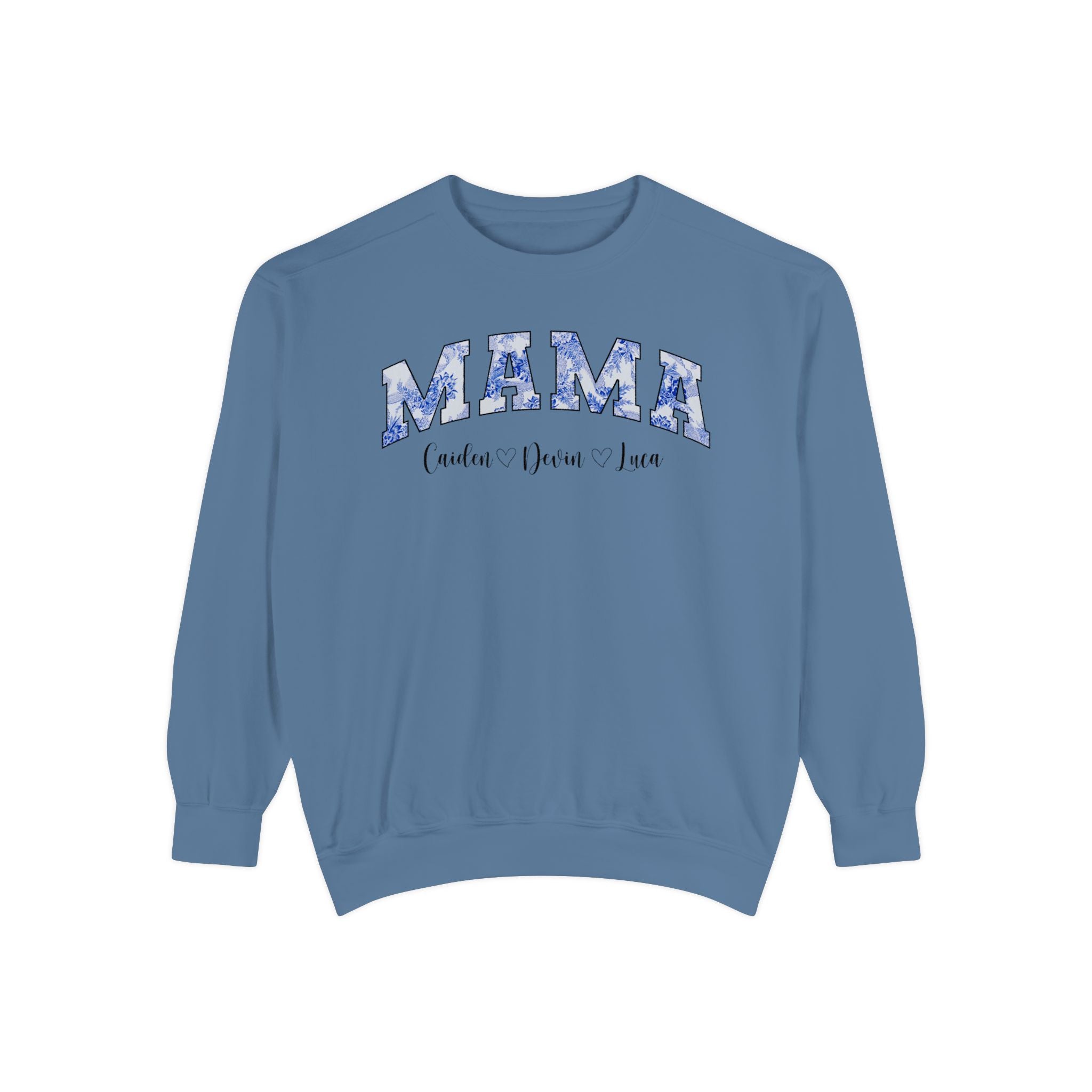 Custom Comfort Colors® “Mama” Blue Floral Sweatshirt With Names