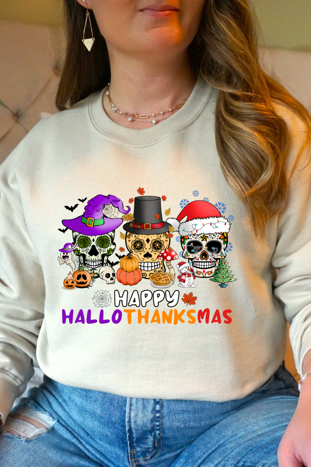 Happy HalloThanksMas Skulls Graphic Sweatshirt