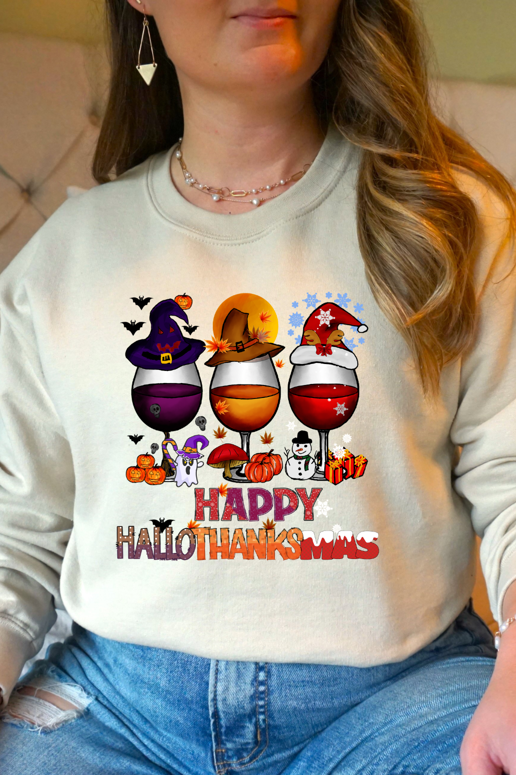 Happy HalloThanksMas Wine Graphic Sweatshirt