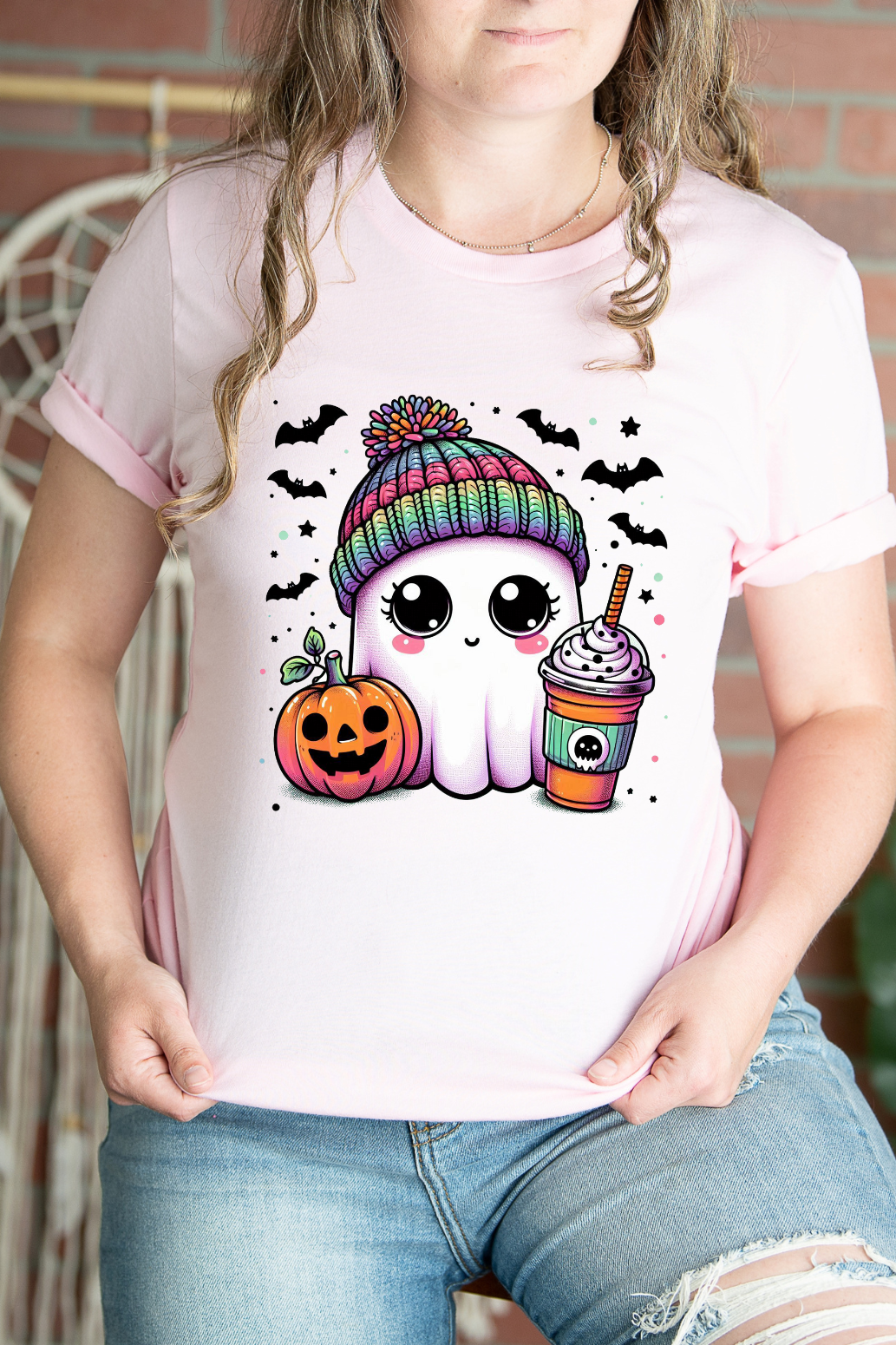 Cute Ghost Drinking Coffee Graphic Tee