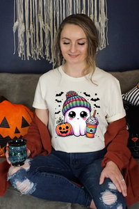 Cute Ghost Drinking Coffee Graphic Tee