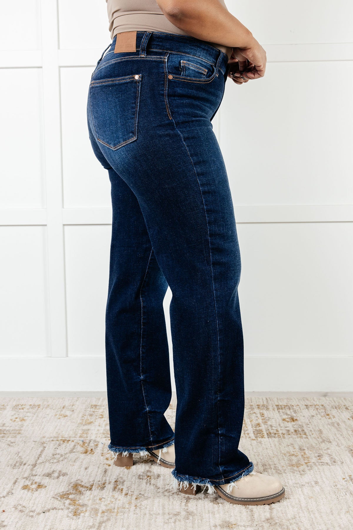 Judy Blue Mid Rise Frayed Hem Straight Leg Jean