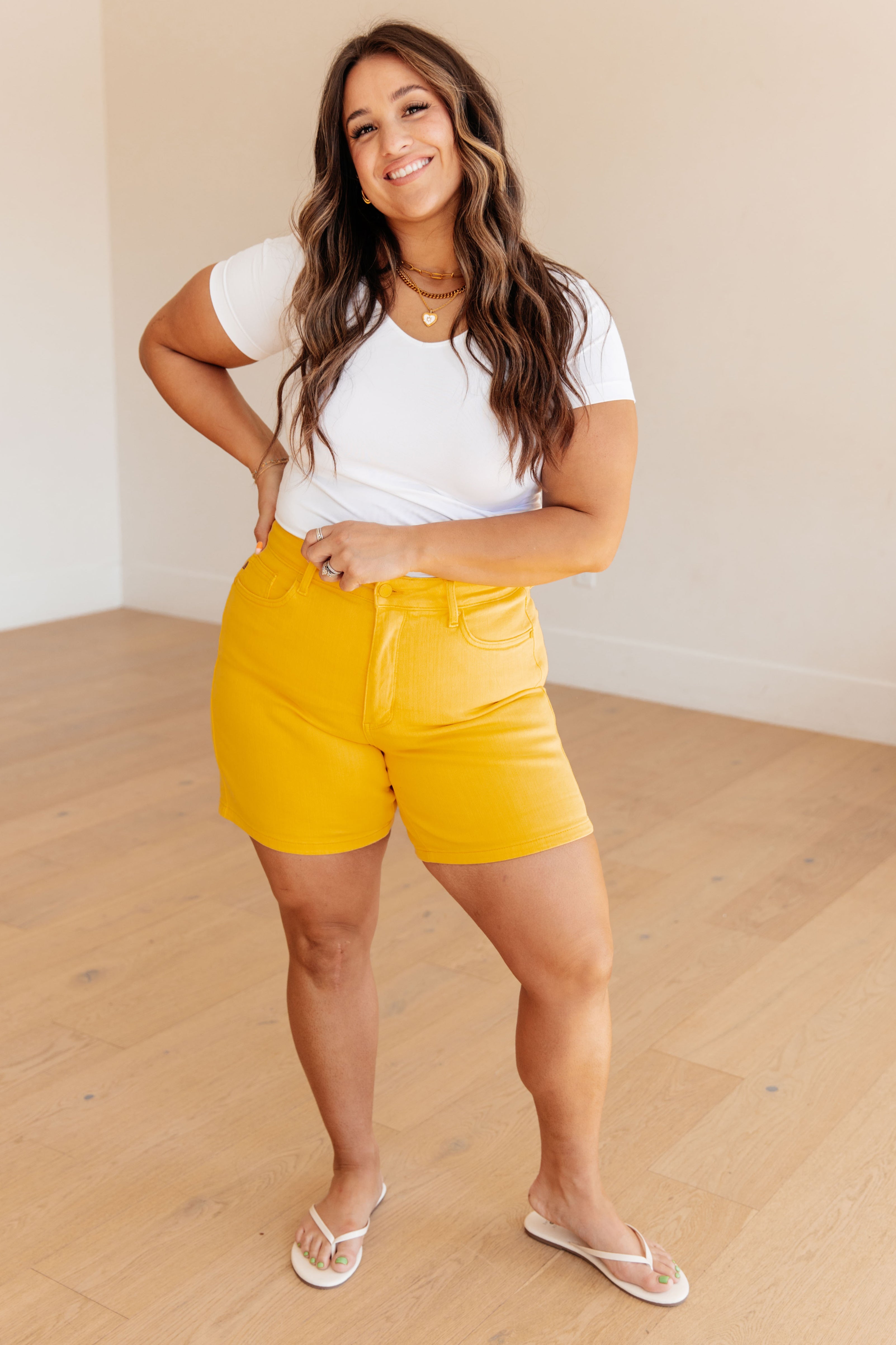 Judy Blue High Rise Control Top Cuffed Shorts in Yellow
