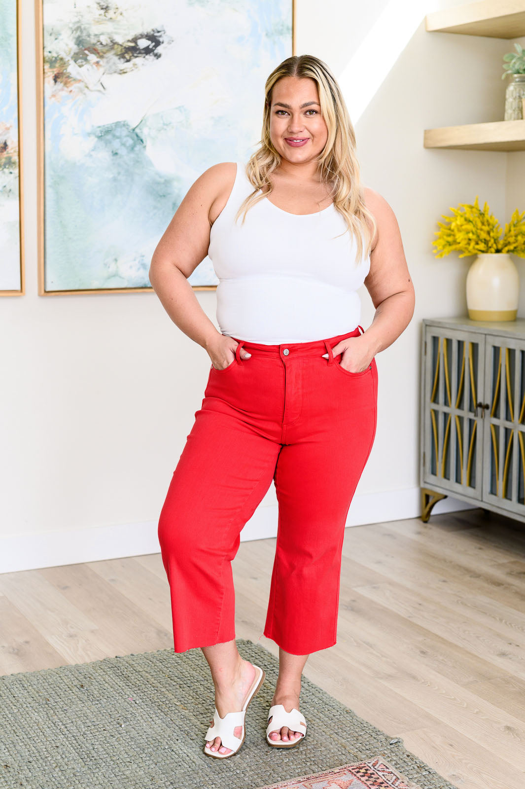 Judy Blue High Rise Control Top Wide Leg Crop Jeans in Red