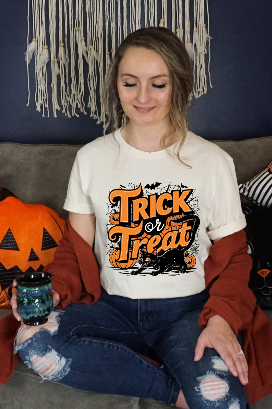 Spooky Trick or Treat Cat Graphic Tee