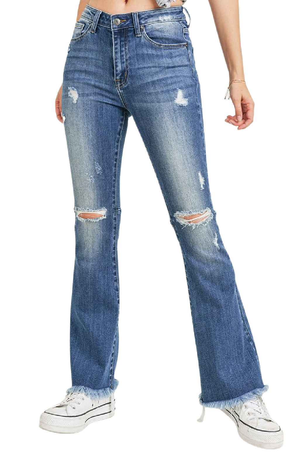 Risen Flare Distressed Knee High Rise Jeans Style RDP1295