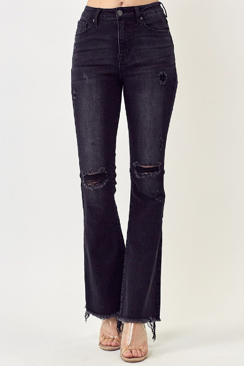 Risen Black Flare Distressed Knee High Waist Jeans Style 1295