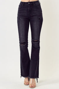 Risen Black Flare Distressed Knee High Waist Jeans Style 1295