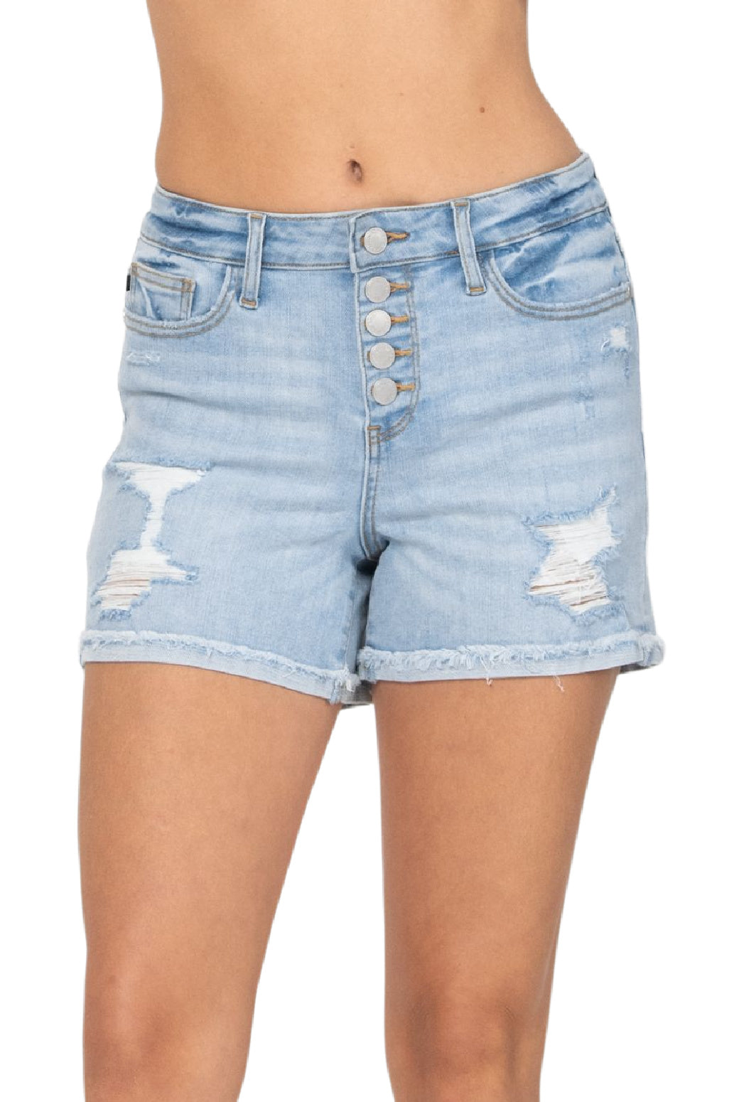Judy Blue Cuffed Button Fly Destroyed High Waist Shorts Style 150033