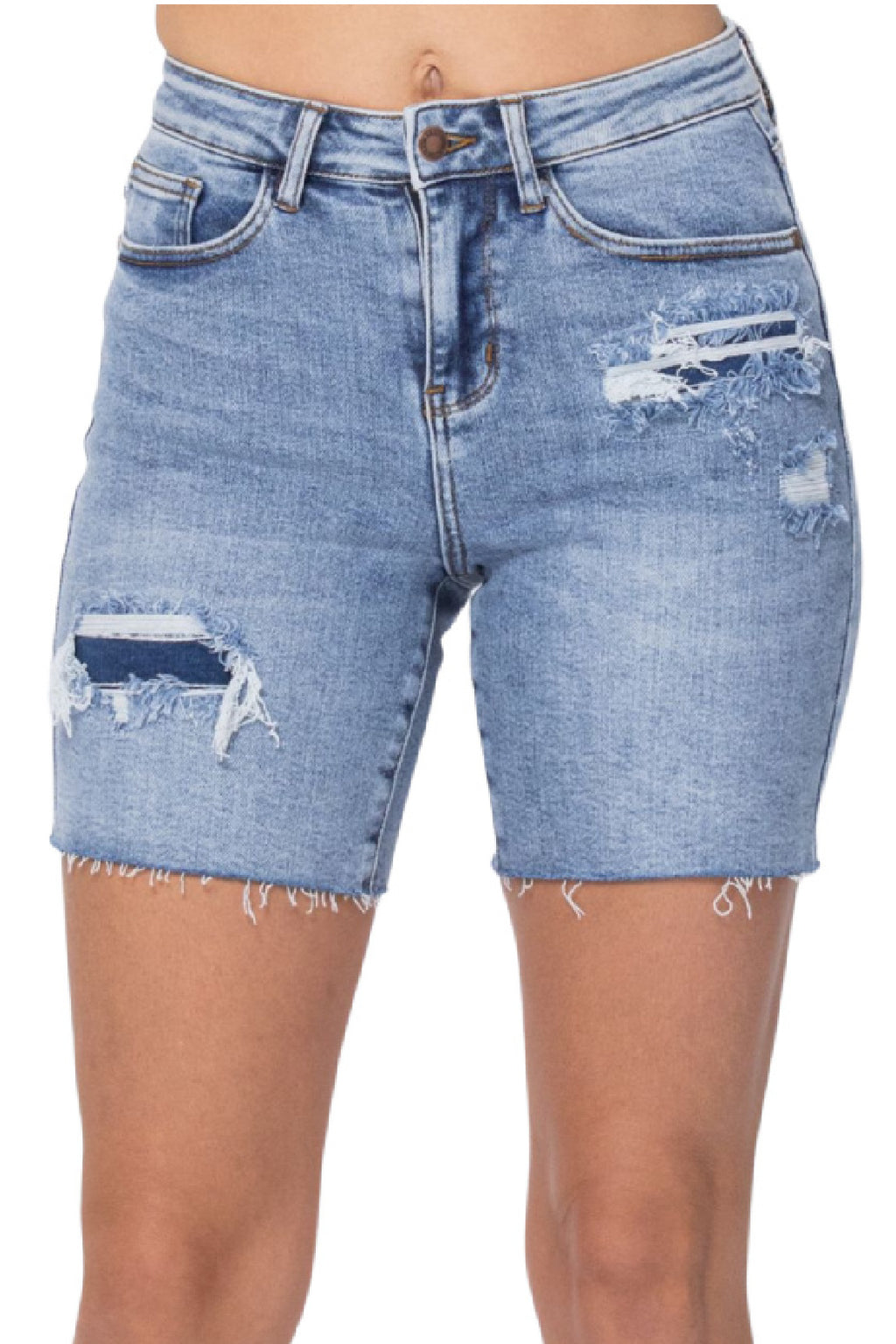 Judy Blue Denim Patch High Rise Mid Thigh Shorts Style 150094