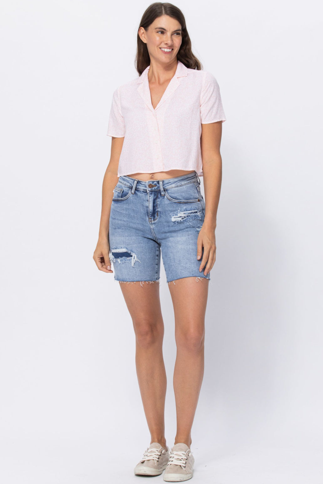 Judy Blue Denim Patch High Rise Mid Thigh Shorts Style 150094