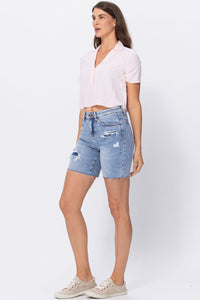 Judy Blue Denim Patch High Rise Mid Thigh Shorts Style 150094