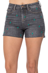 Judy Blue Cactus Embroidered Grey High Waist Cut Off Shorts Style 150111
