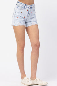Judy Blue Cherry Embroidery Acid Wash Cut Off Shorts Style 150125