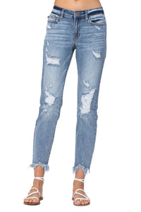 Judy Blue Destroyed Hem Bleach Splash Boyfriend Light Wash Jeans Style 82155