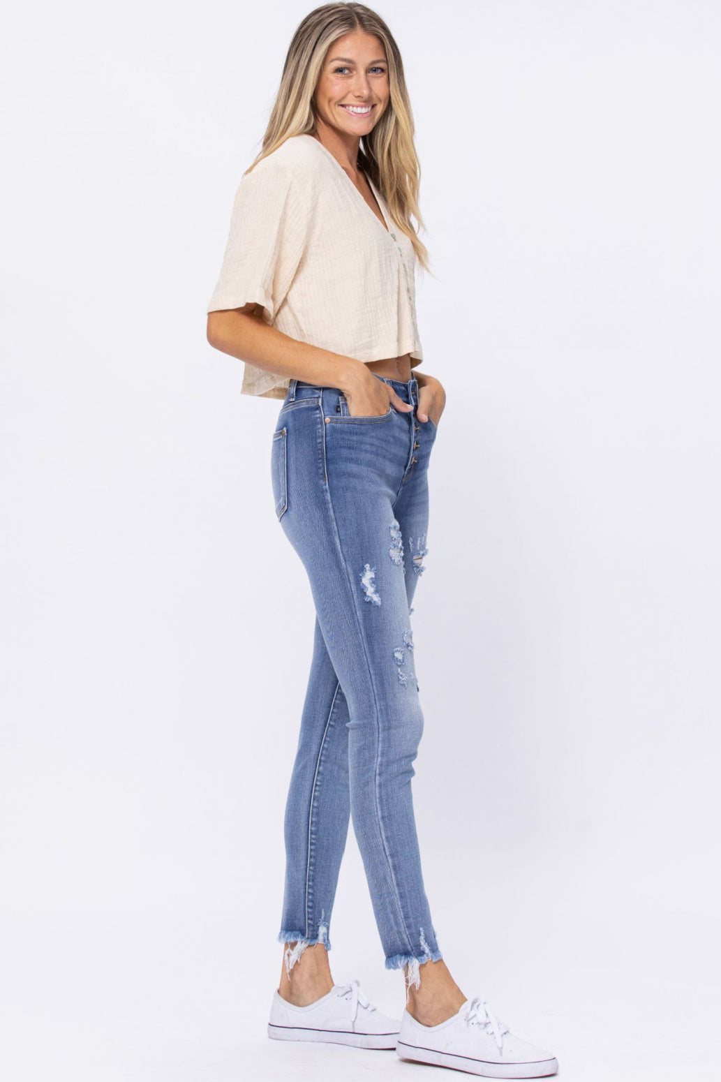 Judy Blue Button Fly Destroyed High Waist Skinny Jeans Style 82263