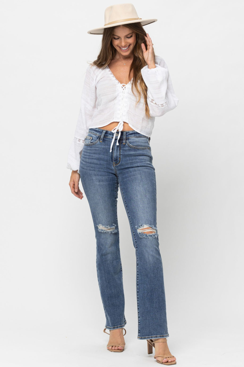 Judy Blue Destroyed Knee Mid-Rise Boot Cut Jeans Style 82264