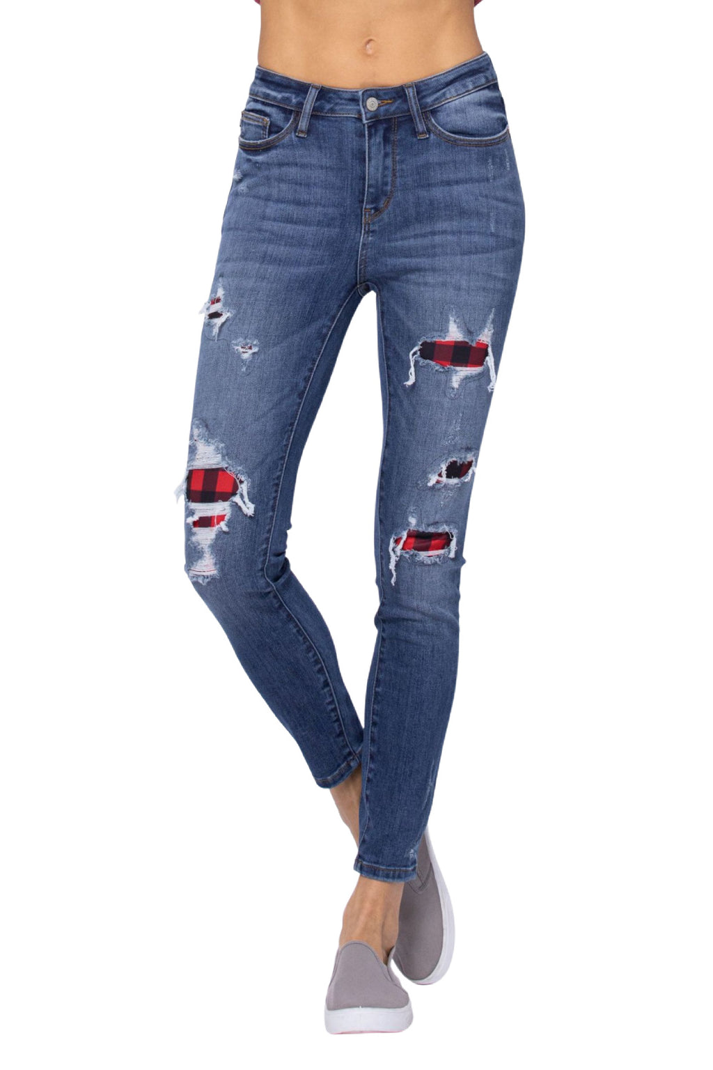 Judy Blue Stirling Destroyed Buffalo Plaid Patch Skinny Jeans