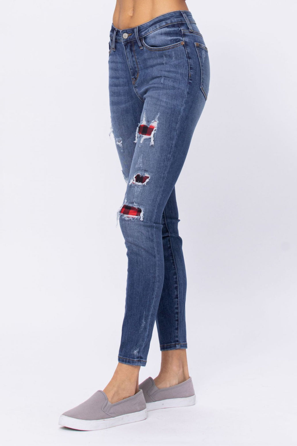Judy Blue Stirling Destroyed Buffalo Plaid Patch Skinny Jeans