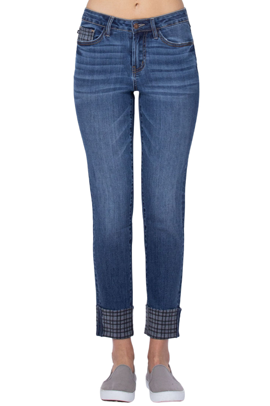 Judy Blue Grey Plaid Cuffed Slim Fit Mid Rise Jeans