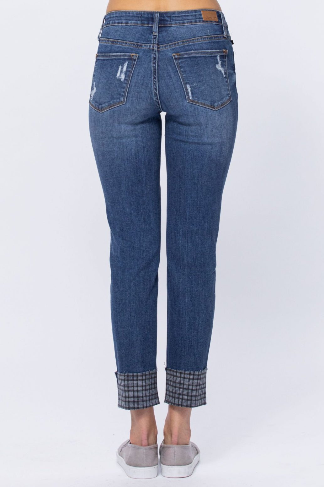 Judy Blue Grey Plaid Cuffed Slim Fit Mid Rise Jeans Style 88358