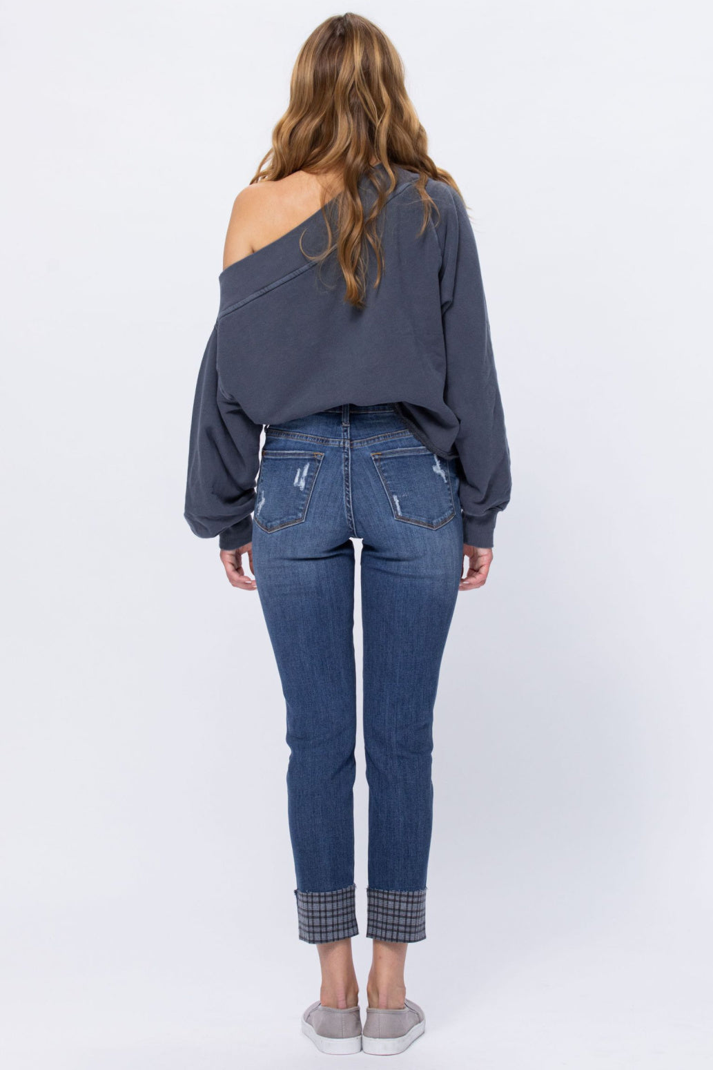 Judy Blue Grey Plaid Cuffed Slim Fit Mid Rise Jeans Style 88358