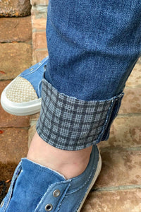 Judy Blue Highland Grey Plaid Cuffed Slim Fit Mid Rise Jeans