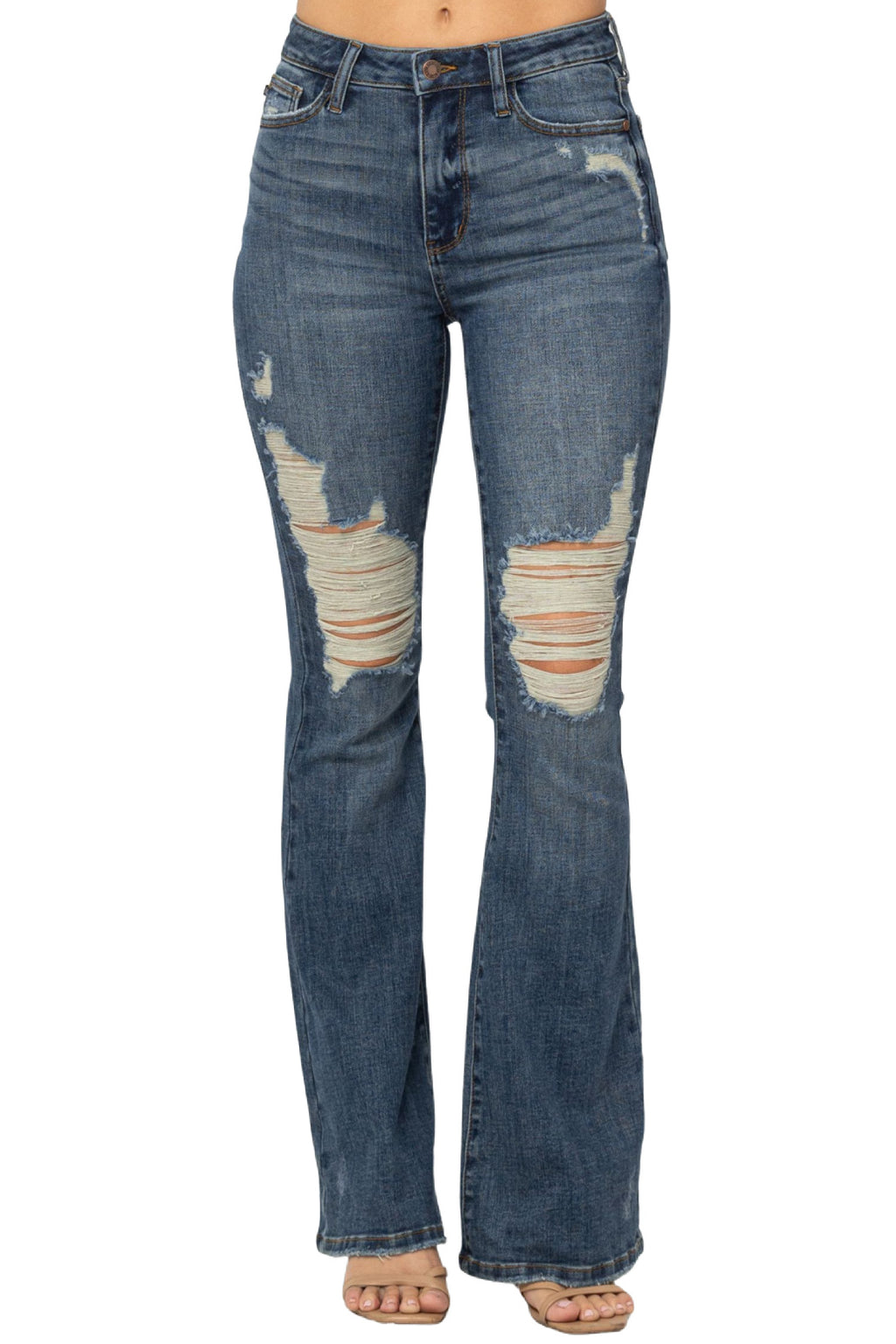 Judy Blue Destroyed Tall Knee High Waist Flare Jeans Style 88480