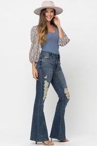 Judy Blue Destroyed Tall Knee High Waist Flare Jeans Style 88480